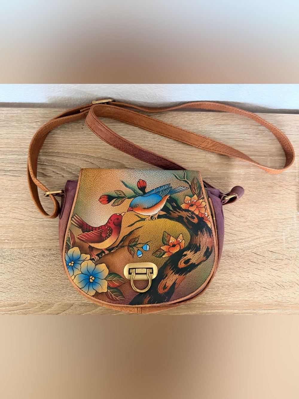 Anuschka hand painted leather bird design crossbody purse